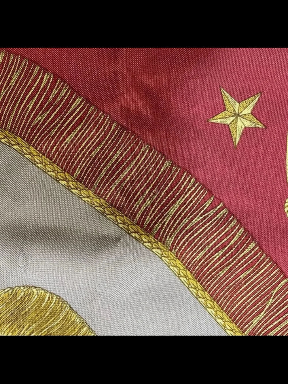 Hermes Red Gold Gray Printed Silk Scarf